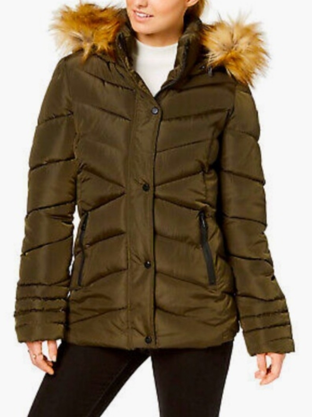 Madden Girl Juniors Olive Puffer Coat with Faux Fur Trim Hood
